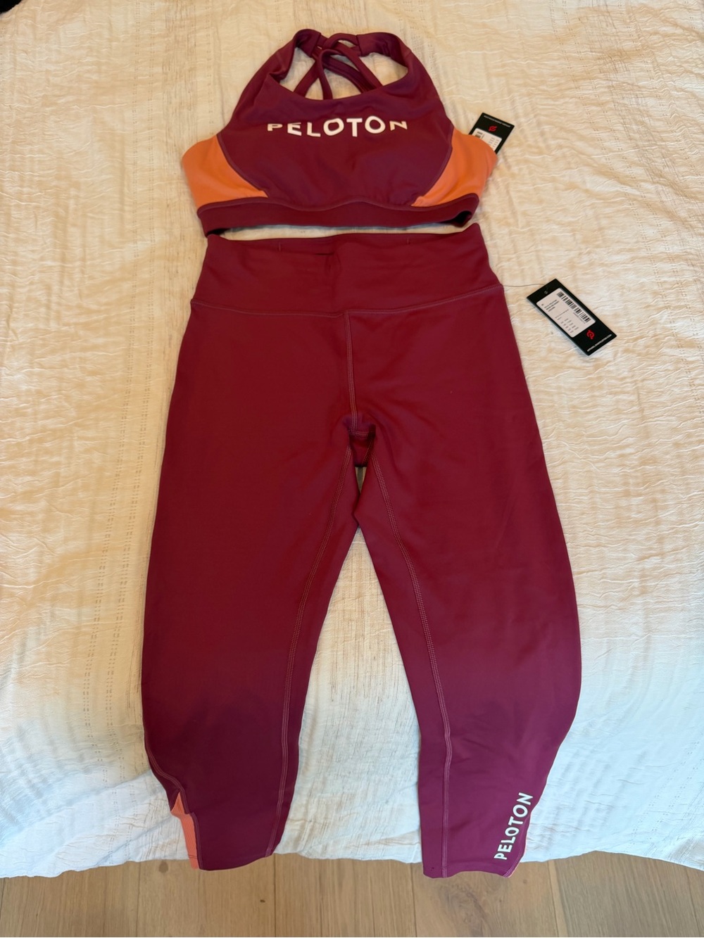 NWT Peloton Burgundy Leggings with Orange Accent Sports Set